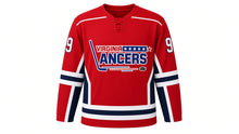 Load image into Gallery viewer, Virginia Lance Hockey Jersey - Sullivan #9 in Scarlet Red, front view – recreated vintage Virginia Lancers chest logo, geometric side panels with red, white and blue piping, number 9 on the sleeves – custom name and number