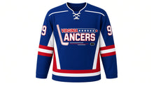 Load image into Gallery viewer, Virginia Lance Hockey Jersey - Sullivan #9 in Royal Blue, front view – recreated vintage Virginia Lancers chest logo, geometric side panels with red, white and blue piping, number 9 on the sleeves – custom name and number