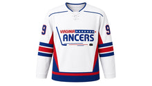 Load image into Gallery viewer, Virginia Lance Hockey Jersey - Sullivan #9 in Away White, front view – recreated vintage Virginia Lancers chest logo, geometric side panels with red, white and blue piping, number 9 on the sleeves – custom name and number
