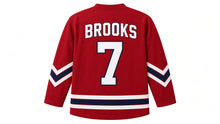 Load image into Gallery viewer, Virginia Lance Hockey Jersey - Brooks #7 in Crimson Red, back view – crimson red body with arched BROOKS name and large number 7