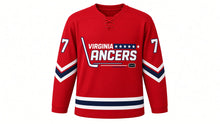 Load image into Gallery viewer, Virginia Lance Hockey Jersey - Brooks #7 in Crimson Red, front view – crimson red body with the VIRGINIA LANCERS star-bar hockey-stick wordmark and V-shaped chevron sleeve stripes and a striped hem band