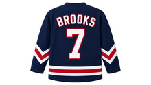 Load image into Gallery viewer, Virginia Lance Hockey Jersey - Brooks #7 in Navy, back view – dark navy body with arched BROOKS name and large number 7