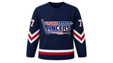 Load image into Gallery viewer, Virginia Lance Hockey Jersey - Brooks #7 in Navy, front view – dark navy body with the VIRGINIA LANCERS star-bar hockey-stick wordmark and V-shaped chevron sleeve stripes and a striped hem band