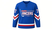 Load image into Gallery viewer, Virginia Lance Hockey Jersey - Brooks #7 in Royal Blue, front view – bright royal blue body with the VIRGINIA LANCERS star-bar hockey-stick wordmark and V-shaped chevron sleeve stripes and a striped hem band