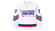 Load image into Gallery viewer, Virginia Lance Hockey Jersey - Brooks #7 in Snow White, front view – snow white away-style body with the VIRGINIA LANCERS star-bar hockey-stick wordmark and V-shaped chevron sleeve stripes and a striped hem band