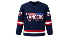 Load image into Gallery viewer, Virginia Lance Hockey Jersey - Carter #21 in Navy, front view – dark navy body with the VIRGINIA LANCERS star-bar hockey-stick wordmark and wide stripe bands on both sleeves, a striped hem band and sleeve numbers