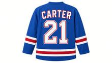 Load image into Gallery viewer, Virginia Lance Hockey Jersey - Carter #21 in Royal Blue, back view – bright royal blue body with arched CARTER name and large number 21