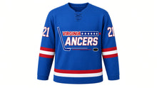 Load image into Gallery viewer, Virginia Lance Hockey Jersey - Carter #21 in Royal Blue, front view – bright royal blue body with the VIRGINIA LANCERS star-bar hockey-stick wordmark and wide stripe bands on both sleeves, a striped hem band and sleeve numbers
