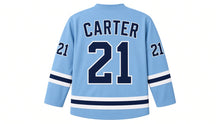 Load image into Gallery viewer, Virginia Lance Hockey Jersey - Carter #21 in Sky Blue, back view – light sky blue body with arched CARTER name and large number 21