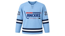 Load image into Gallery viewer, Virginia Lance Hockey Jersey - Carter #21 in Sky Blue, front view – light sky blue body with the VIRGINIA LANCERS star-bar hockey-stick wordmark and wide stripe bands on both sleeves, a striped hem band and sleeve numbers