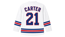 Load image into Gallery viewer, Virginia Lance Hockey Jersey - Carter #21 in Snow White, back view – snow white away-style body with arched CARTER name and large number 21