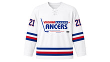 Load image into Gallery viewer, Virginia Lance Hockey Jersey - Carter #21 in Snow White, front view – snow white away-style body with the VIRGINIA LANCERS star-bar hockey-stick wordmark and wide stripe bands on both sleeves, a striped hem band and sleeve numbers