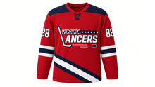 Load image into Gallery viewer, Virginia Lance Hockey Jersey - Reynolds #88 in Crimson Red, front view – crimson red body with the VIRGINIA LANCERS star-bar hockey-stick wordmark and a diagonal sash stripe across the chest, a contrasting shoulder yoke and sleeve stripe bands