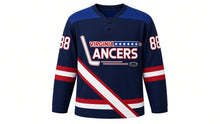 Load image into Gallery viewer, Virginia Lance Hockey Jersey - Reynolds #88 in Navy, front view – dark navy body with the VIRGINIA LANCERS star-bar hockey-stick wordmark and a diagonal sash stripe across the chest, a contrasting shoulder yoke and sleeve stripe bands
