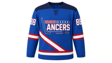 Load image into Gallery viewer, Virginia Lance Hockey Jersey - Reynolds #88 in Royal Blue, front view – bright royal blue body with the VIRGINIA LANCERS star-bar hockey-stick wordmark and a diagonal sash stripe across the chest, a contrasting shoulder yoke and sleeve stripe bands