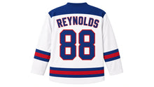 Load image into Gallery viewer, Virginia Lance Hockey Jersey - Reynolds #88 in Snow White, back view – snow white away-style body with arched REYNOLDS name and large number 88