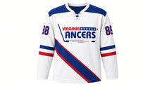 Load image into Gallery viewer, Virginia Lance Hockey Jersey - Reynolds #88 in Snow White, front view – snow white away-style body with the VIRGINIA LANCERS star-bar hockey-stick wordmark and a diagonal sash stripe across the chest, a contrasting shoulder yoke and sleeve stripe bands