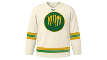 Load image into Gallery viewer, Vishu Original Hockey Jersey in Kasavu Cream, front view – golden konna blossom crest – custom name and number