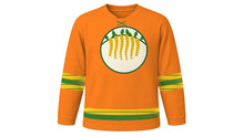 Load image into Gallery viewer, Vishu Original Hockey Jersey in Mango Orange, front view – golden konna blossom crest – custom name and number