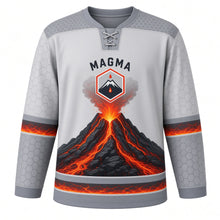 Load image into Gallery viewer, Volcanic Eruption Original Hockey Jersey in Ash Cloud, front view – erupting volcano with lava rivers over basalt and hexagon volcano crest, custom name and number