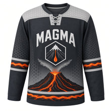 Load image into Gallery viewer, Volcanic Eruption Original Hockey Jersey in Basalt Ember, front view – erupting volcano with lava rivers over basalt and hexagon volcano crest, custom name and number