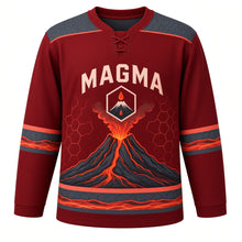 Load image into Gallery viewer, Volcanic Eruption Original Hockey Jersey in Crimson Obsidian, front view – erupting volcano with lava rivers over basalt and hexagon volcano crest, custom name and number