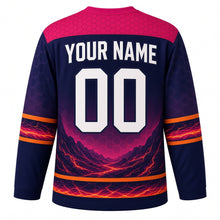 Load image into Gallery viewer, Volcanic Eruption Original Hockey Jersey in Midnight Magma, back view with your name and number – hexagonal basalt yoke and cracked lava hem stripes
