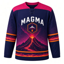Load image into Gallery viewer, Volcanic Eruption Original Hockey Jersey in Midnight Magma, front view – erupting volcano with lava rivers over basalt and hexagon volcano crest, custom name and number
