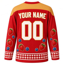Load image into Gallery viewer, Waffle Day Original Hockey Jersey in Strawberry Red, back view with custom YOUR NAME and 00