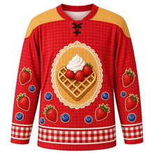 Load image into Gallery viewer, Waffle Day Original Hockey Jersey in Strawberry Red, front view with themed artwork and clean crest