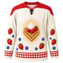 Load image into Gallery viewer, Waffle Day Original Hockey Jersey in Whipped Cream, front view with themed artwork and clean crest