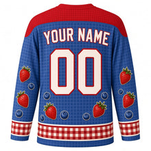 Load image into Gallery viewer, Waffle Day Original Hockey Jersey in Blueberry, back view with custom YOUR NAME and 00