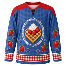 Load image into Gallery viewer, Waffle Day Original Hockey Jersey in Blueberry, front view with themed artwork and clean crest