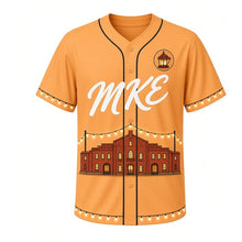Load image into Gallery viewer, Walker's Point Nights Milwaukee Baseball Jersey in String Light Amber, front view – brick lofts and string light graphic with brick-and-lantern crest, custom name and number