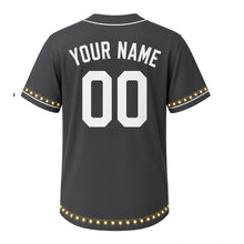 Load image into Gallery viewer, Walker's Point Nights Milwaukee Baseball Jersey in After Hours Charcoal, back view with your name and number – custom block name and number with string-light sleeves