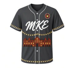 Load image into Gallery viewer, Walker's Point Nights Milwaukee Baseball Jersey in After Hours Charcoal, front view – brick lofts and string light graphic with brick-and-lantern crest, custom name and number