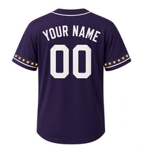 Load image into Gallery viewer, Walker's Point Nights Milwaukee Baseball Jersey in Midnight Plum, back view with your name and number – custom block name and number with string-light sleeves