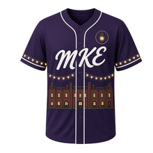 Load image into Gallery viewer, Walker's Point Nights Milwaukee Baseball Jersey in Midnight Plum, front view – brick lofts and string light graphic with brick-and-lantern crest, custom name and number