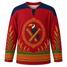 Load image into Gallery viewer, Wangala Original Hockey Jersey in Garo Red, front view with themed artwork and clean crest