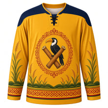 Load image into Gallery viewer, Wangala Original Hockey Jersey in Harvest Gold, front view with themed artwork and clean crest