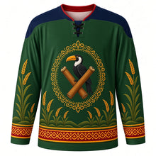 Load image into Gallery viewer, Wangala Original Hockey Jersey in Forest Green, front view with themed artwork and clean crest