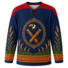 Load image into Gallery viewer, Wangala Original Hockey Jersey in Midnight Blue, front view with themed artwork and clean crest