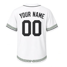Load image into Gallery viewer, Warbler Migration Milwaukee Baseball Jersey in Birch White, back view with your name and number – custom block name and number with leaf-stripe sleeves