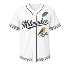 Load image into Gallery viewer, Warbler Migration Milwaukee Baseball Jersey in Birch White, front view – small songbird perched on a leafy branch graphic with feather crest, custom name and number