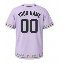 Load image into Gallery viewer, Warbler Migration Milwaukee Baseball Jersey in Dusk Lavender, back view with your name and number – custom block name and number with leaf-stripe sleeves