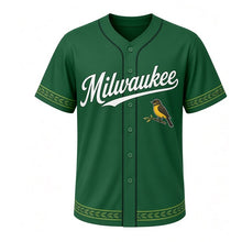 Load image into Gallery viewer, Warbler Migration Milwaukee Baseball Jersey in Spring Leaf Green, front view – small songbird perched on a leafy branch graphic with feather crest, custom name and number