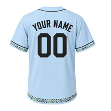 Load image into Gallery viewer, Warbler Migration Milwaukee Baseball Jersey in Morning Sky Blue, back view with your name and number – custom block name and number with leaf-stripe sleeves