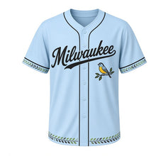 Load image into Gallery viewer, Warbler Migration Milwaukee Baseball Jersey in Morning Sky Blue, front view – small songbird perched on a leafy branch graphic with feather crest, custom name and number