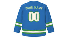 Load image into Gallery viewer, Wianki Original Hockey Jersey in River Blue, back view with your name and number