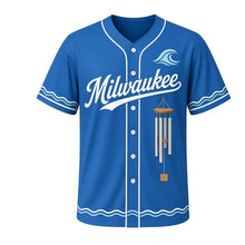 Load image into Gallery viewer, Wind Chimes Milwaukee Baseball Jersey in Lake Breeze Blue, front view – hanging metal wind chime tubes graphic, custom name and number